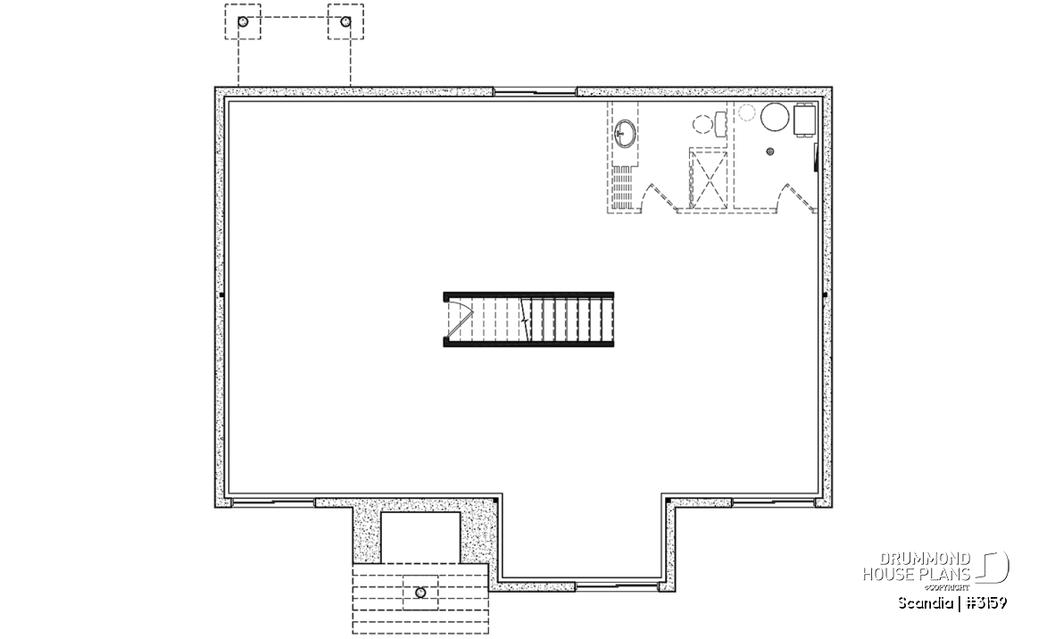 Unfinished basement - Modern house plan with 3 bedrooms, one-storey, pantry, laundry on main floor, unfinished daylight basement - Scandia