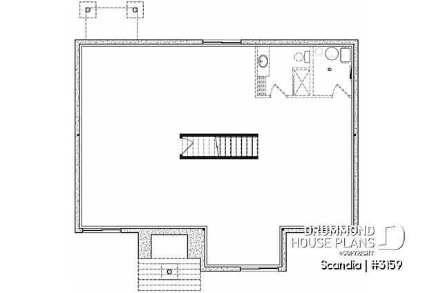 Unfinished basement - Modern house plan with 3 bedrooms, one-storey, pantry, laundry on main floor, unfinished daylight basement - Scandia