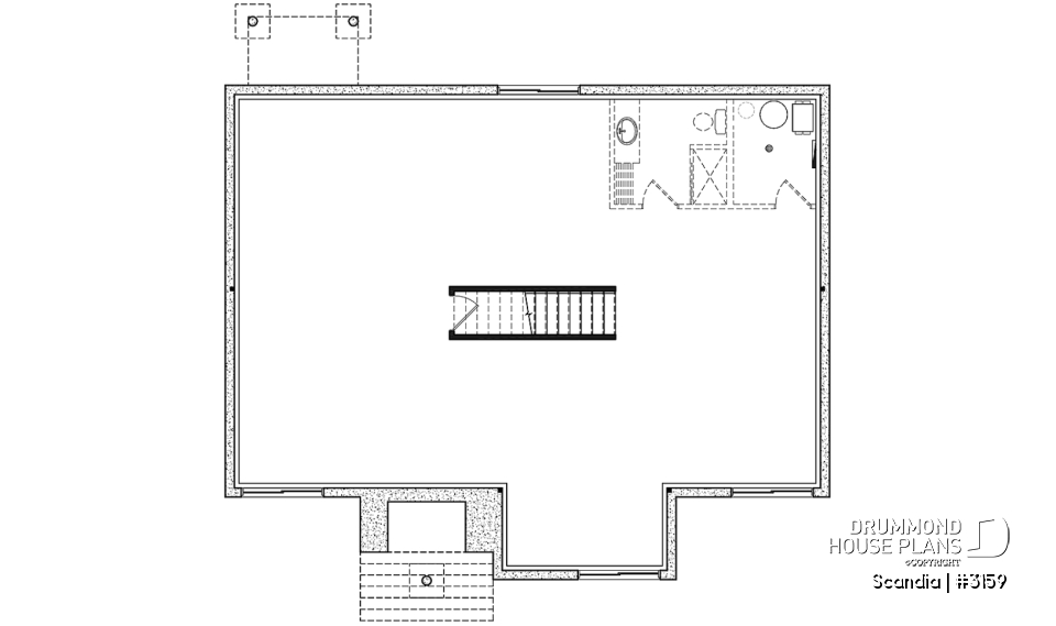 Unfinished basement - Modern house plan with 3 bedrooms, one-storey, pantry, laundry on main floor, unfinished daylight basement - Scandia
