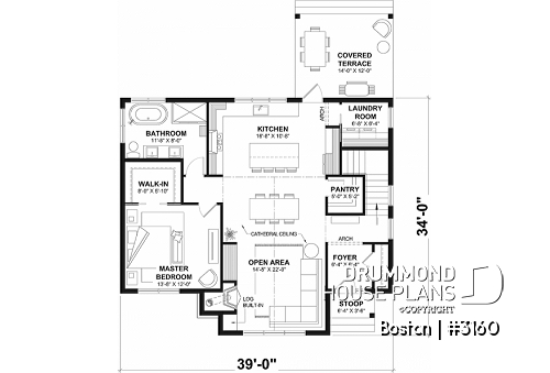 1st level - American house plan with basement, 1 to 3 bedrooms, 1 to 2 bathrooms, pantry, 16'8'' cathedral ceiling - Boston