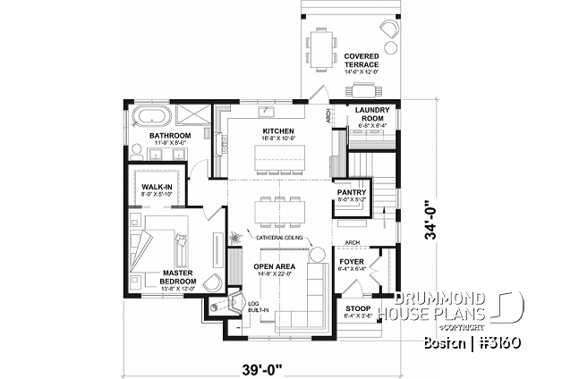 1st level - American house plan with basement, 1 to 3 bedrooms, 1 to 2 bathrooms, pantry, 16'8'' cathedral ceiling - Boston