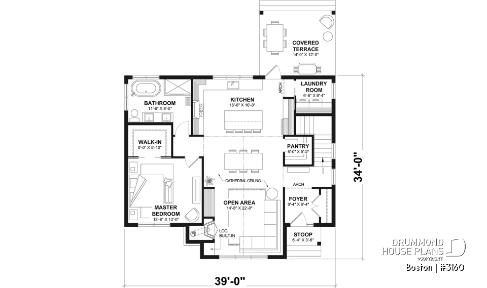 1st level - BOSTON Ranch Home Plan – 10' Ceilings, Cozy Fireplace and Flexible Finished Basement - Boston