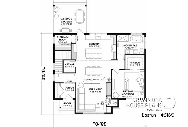 1st level - American house plan with basement, 1 to 3 bedrooms, 1 to 2 bathrooms, pantry, 16'8'' cathedral ceiling - Boston