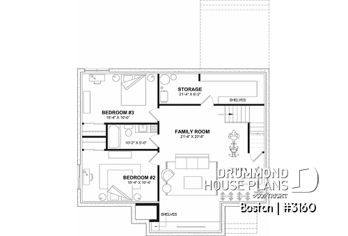 Basement - American house plan with basement, 1 to 3 bedrooms, 1 to 2 bathrooms, pantry, 16'8'' cathedral ceiling - Boston