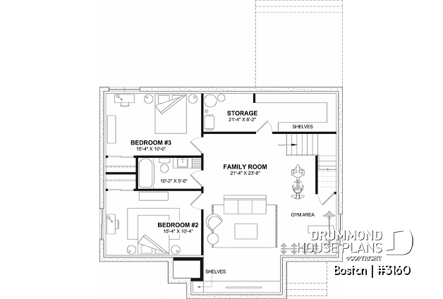 Basement - American house plan with basement, 1 to 3 bedrooms, 1 to 2 bathrooms, pantry, 16'8'' cathedral ceiling - Boston