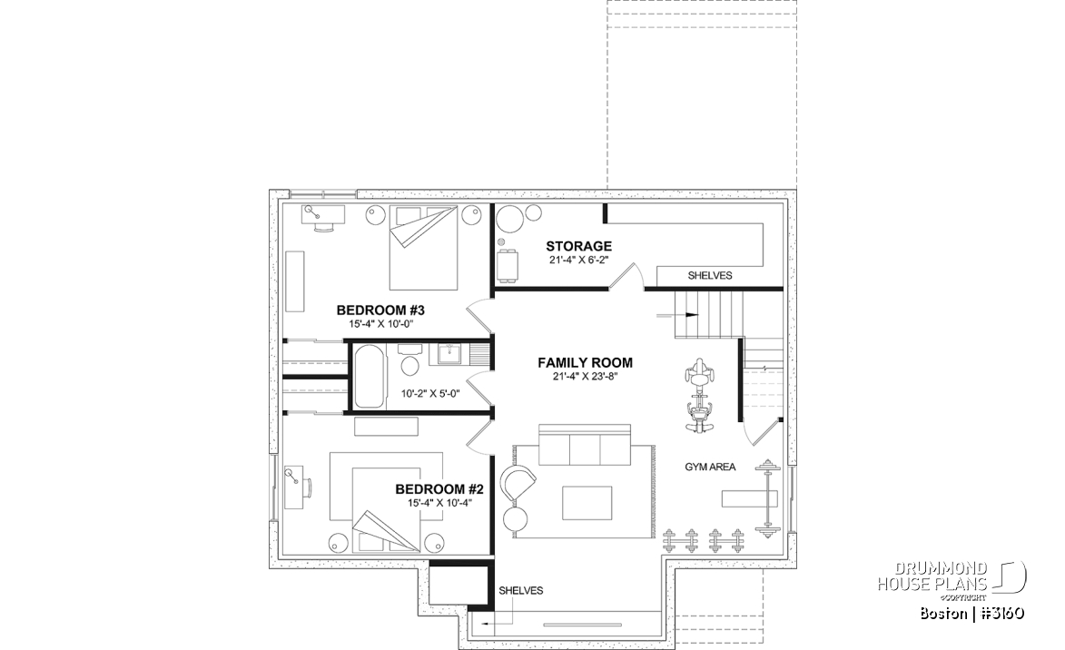 Finished basement (Optional $) - BOSTON Ranch Home Plan – 10' Ceilings, Cozy Fireplace and Flexible Finished Basement - Boston