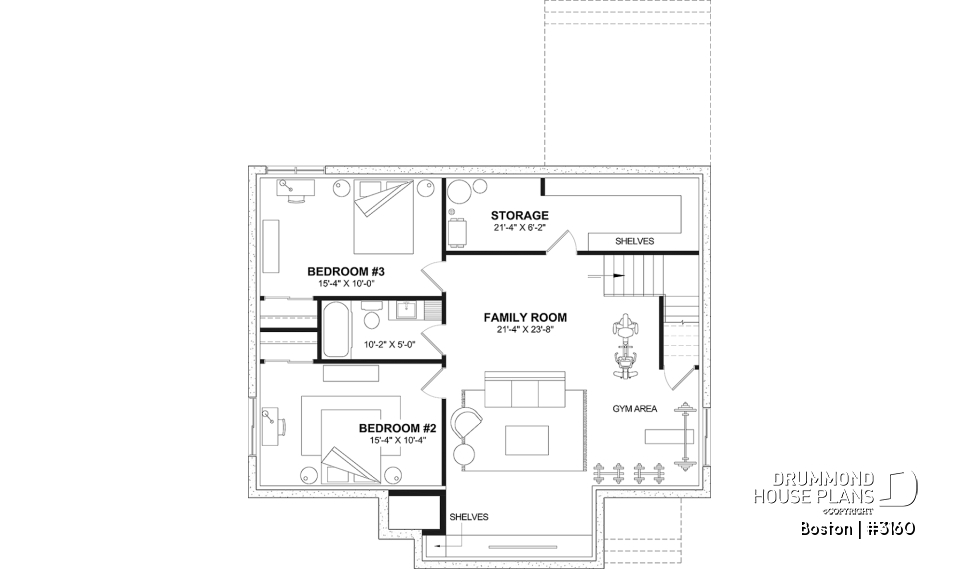 Finished basement (Optional $) - BOSTON Ranch Home Plan – 10' Ceilings, Cozy Fireplace and Flexible Finished Basement - Boston