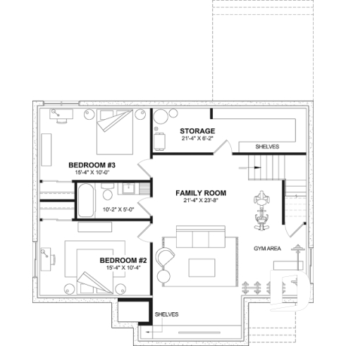 Finished basement (Optional $) - BOSTON Ranch Home Plan – 10' Ceilings, Cozy Fireplace and Flexible Finished Basement - Boston