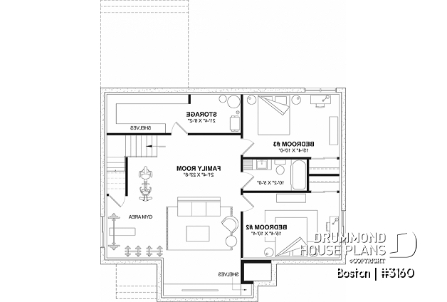 Finished basement (Optional $) - American house plan with basement, 1 to 3 bedrooms, 1 to 2 bathrooms, pantry, 16'8'' cathedral ceiling - Boston