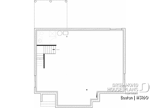 Unfinished basement - American house plan with basement, 1 to 3 bedrooms, 1 to 2 bathrooms, pantry, 16'8'' cathedral ceiling - Boston