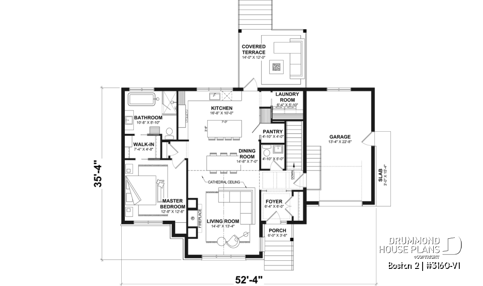 1st level - Luxury bungalow house plan with garage and potential for 4 bedrooms, cathedral ceiling, and private suite - Boston 2