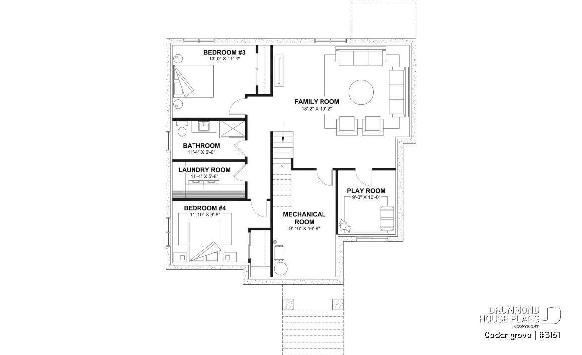 Finished basement (Optional $) - Single-story home model, 2 to 4 bedrooms, office, pantry, mudroom, optionnel finished basement ($) - Cedar grove