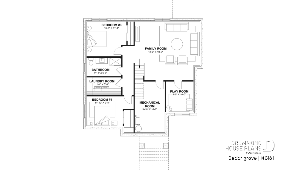 Finished basement (Optional $) - Single-story home model, 2 to 4 bedrooms, office, pantry, mudroom, optionnel finished basement ($) - Cedar grove