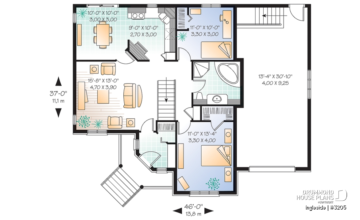 1st level - European 2 bedroom ranch style house plan with garage and access to daylight basement from garage - Ingleside