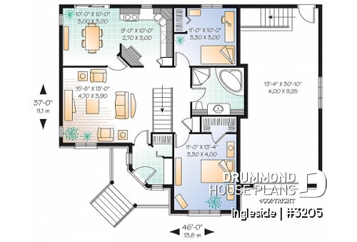 1st level - European 2 bedroom ranch style house plan with garage and access to daylight basement from garage - Ingleside