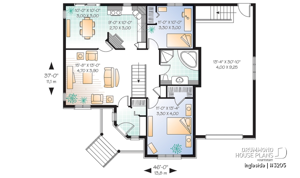 1st level - European 2 bedroom ranch style house plan with garage and access to daylight basement from garage - Ingleside
