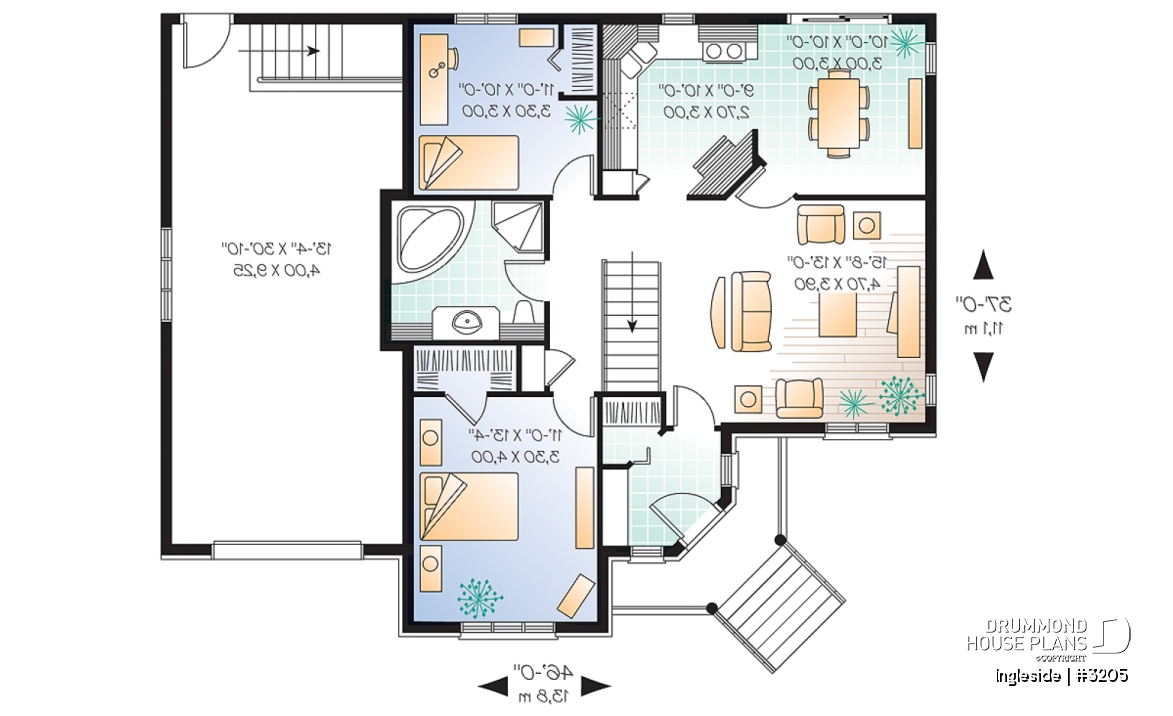 1st level - European 2 bedroom ranch style house plan with garage and access to daylight basement from garage - Ingleside