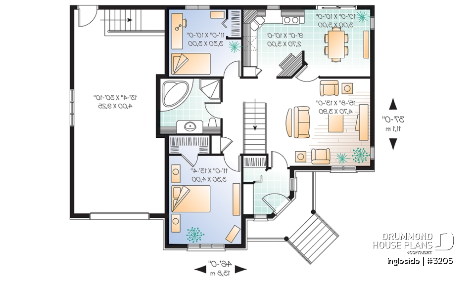 1st level - European 2 bedroom ranch style house plan with garage and access to daylight basement from garage - Ingleside