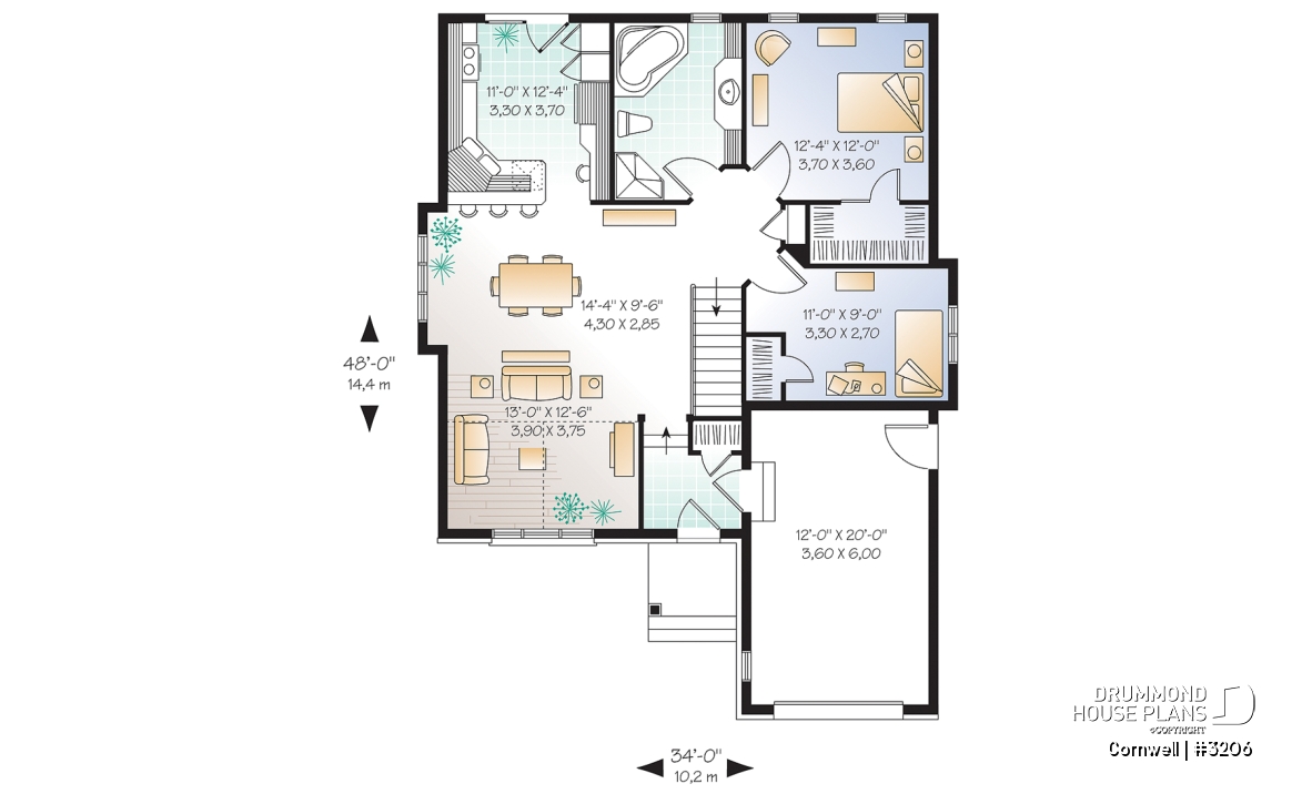 1st level - Stylish one-story house plan, great master bedroom w/ walk-in, nice dining/living area with cathedral ceiling - Cornwell