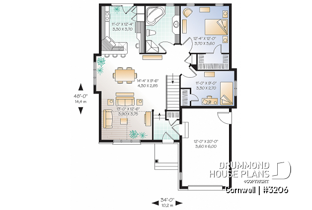 1st level - Stylish one-story house plan, great master bedroom w/ walk-in, nice dining/living area with cathedral ceiling - Cornwell