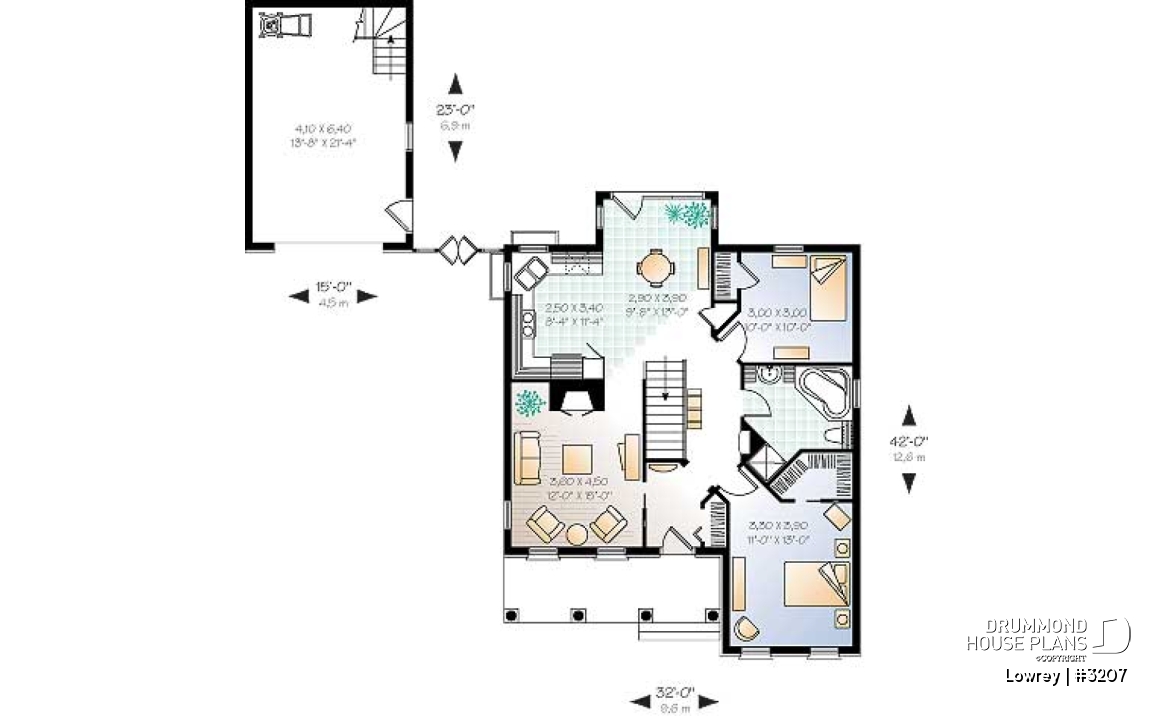 1st level - Two-bedroom house plan with nice front porch, fireplace, lots of natural light in kitchen, garage included - Lowrey