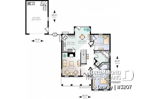 1st level - Two-bedroom house plan with nice front porch, fireplace, lots of natural light in kitchen, garage included - Lowrey