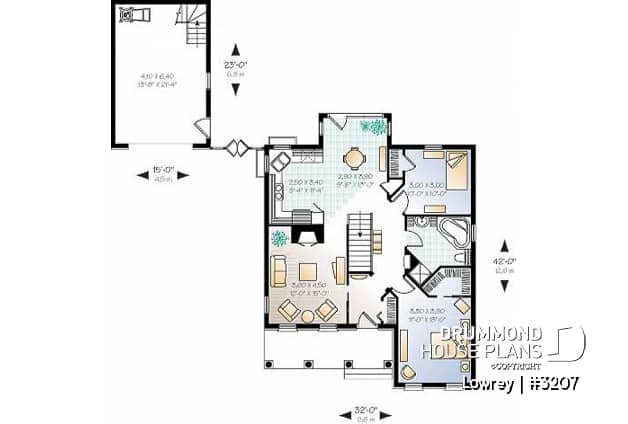 1st level - Two-bedroom house plan with nice front porch, fireplace, lots of natural light in kitchen, garage included - Lowrey