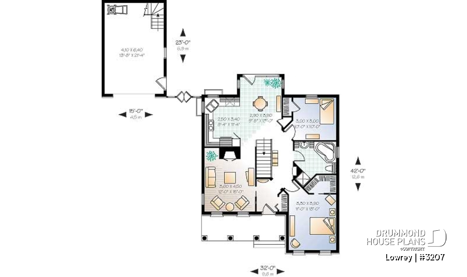 1st level - Two-bedroom house plan with nice front porch, fireplace, lots of natural light in kitchen, garage included - Lowrey