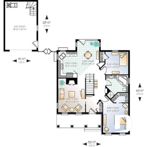 1st level - Two-bedroom house plan with nice front porch, fireplace, lots of natural light in kitchen, garage included - Lowrey