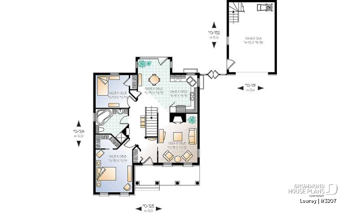 1st level - Two-bedroom house plan with nice front porch, fireplace, lots of natural light in kitchen, garage included - Lowrey