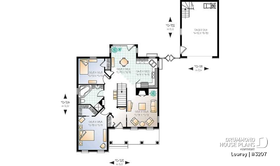 1st level - Two-bedroom house plan with nice front porch, fireplace, lots of natural light in kitchen, garage included - Lowrey