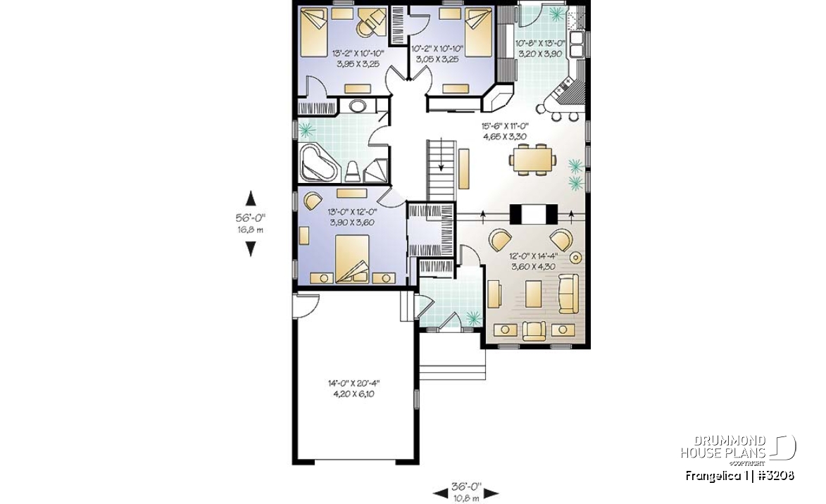 1st level - First home buyer house plan, 3 bedrooms, garage, sunken living room, walk-in pantry, walk-in closet in master - Frangelica 1