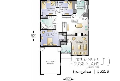 1st level - First home buyer house plan, 3 bedrooms, garage, sunken living room, walk-in pantry, walk-in closet in master - Frangelica 1