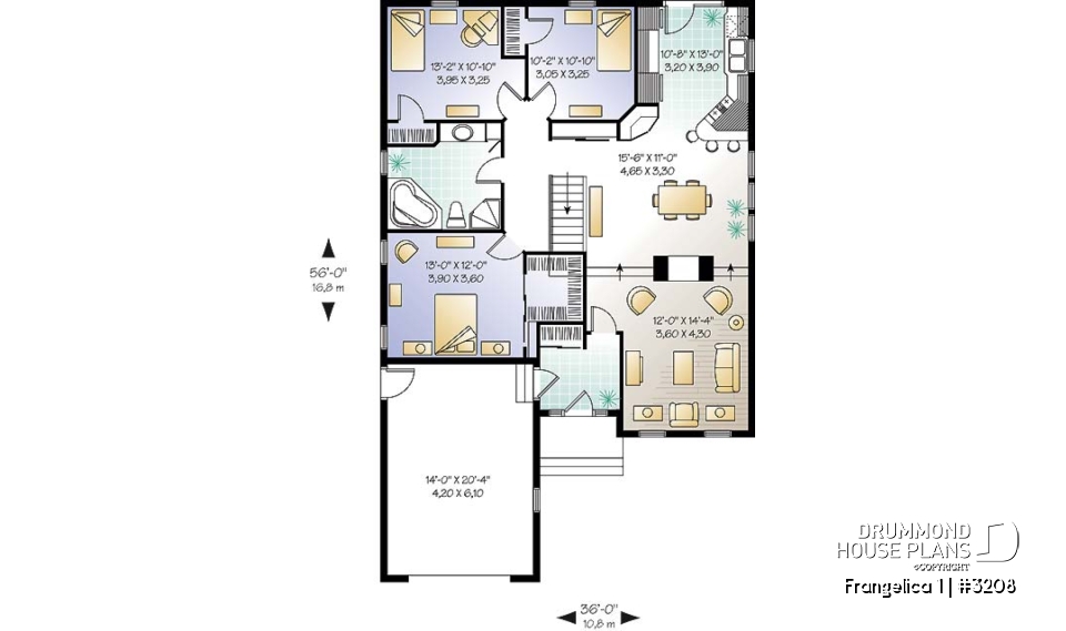 1st level - First home buyer house plan, 3 bedrooms, garage, sunken living room, walk-in pantry, walk-in closet in master - Frangelica 1