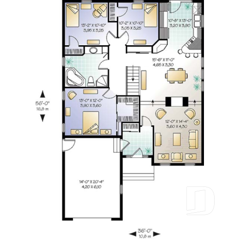 1st level - First home buyer house plan, 3 bedrooms, garage, sunken living room, walk-in pantry, walk-in closet in master - Frangelica 1