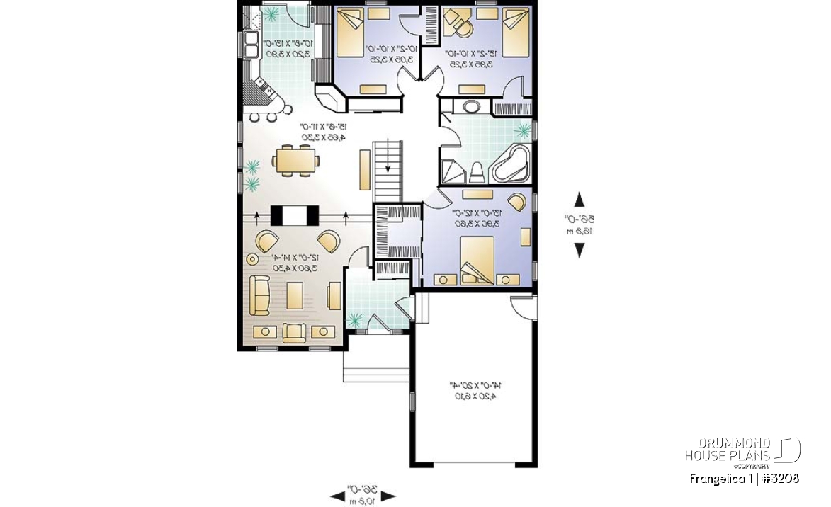 1st level - First home buyer house plan, 3 bedrooms, garage, sunken living room, walk-in pantry, walk-in closet in master - Frangelica 1