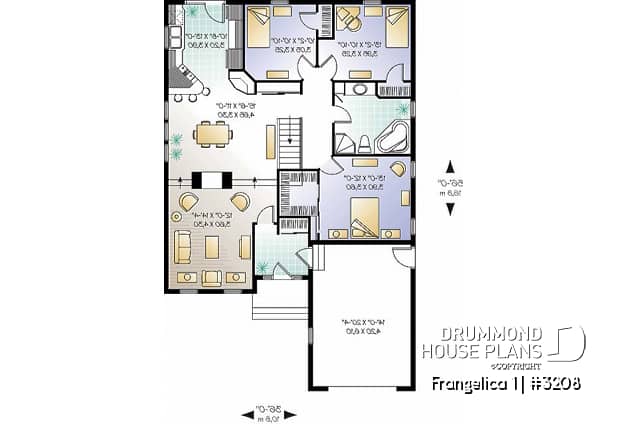 1st level - First home buyer house plan, 3 bedrooms, garage, sunken living room, walk-in pantry, walk-in closet in master - Frangelica 1