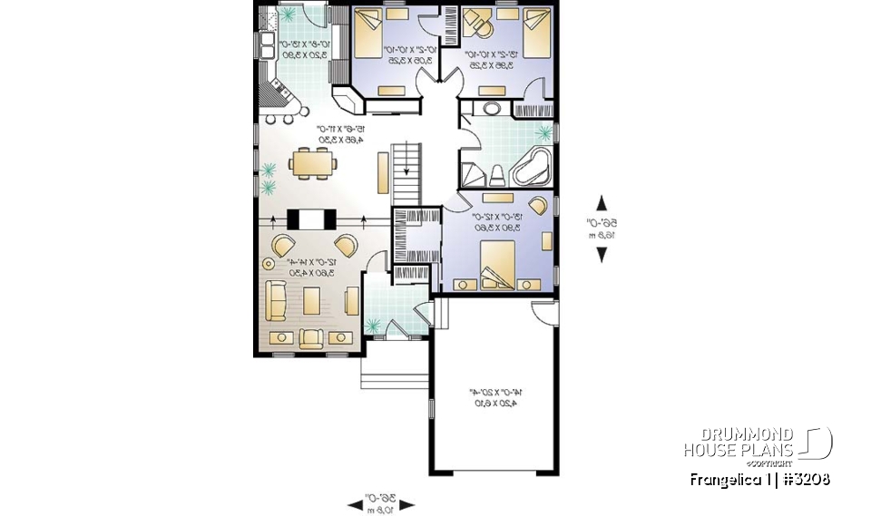 1st level - First home buyer house plan, 3 bedrooms, garage, sunken living room, walk-in pantry, walk-in closet in master - Frangelica 1