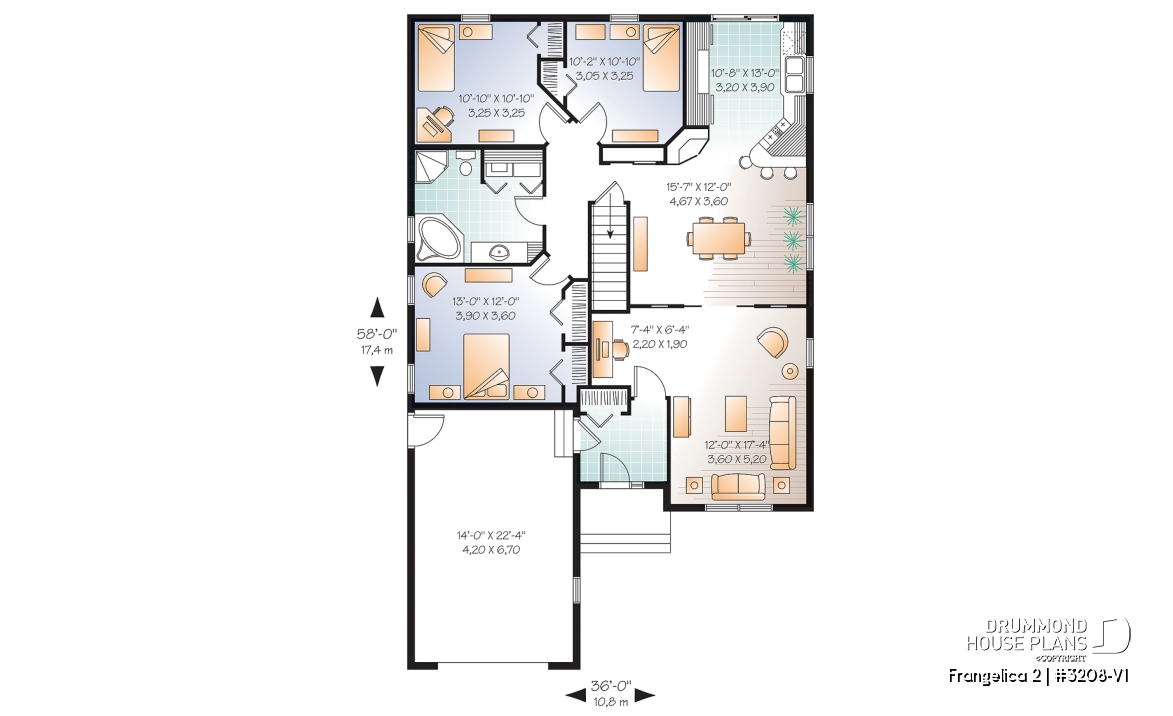 1st level - Single storey with 3 large bedrooms and a spacious living room, office corner, pantry, house plan with garage - Frangelica 2