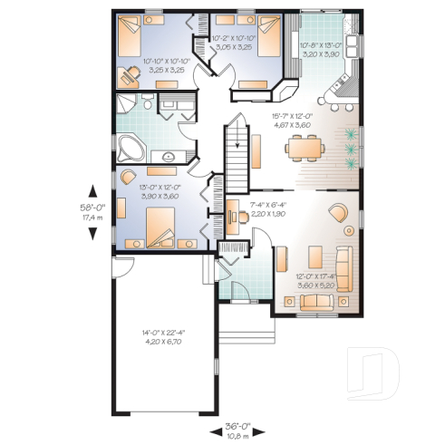 1st level - Single storey with 3 large bedrooms and a spacious living room, office corner, pantry, house plan with garage - Frangelica 2