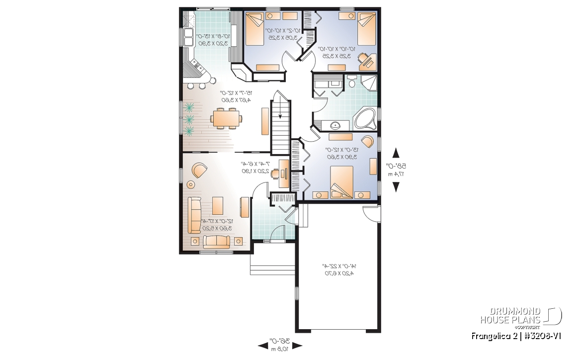 1st level - Single storey with 3 large bedrooms and a spacious living room, office corner, pantry, house plan with garage - Frangelica 2