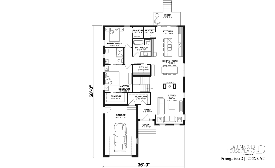1st level - Craftsman house plan, master suite, 2 bedroom, huge kitchen, mud room, fireplace small farmhouse with garage - Frangelica 3