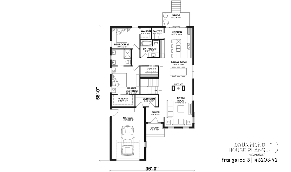 1st level - Craftsman house plan, master suite, 2 bedroom, huge kitchen, mud room, fireplace small farmhouse with garage - Frangelica 3