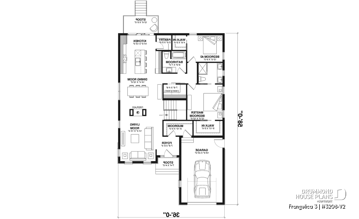 1st level - Craftsman house plan, master suite, 2 bedroom, huge kitchen, mud room, fireplace small farmhouse with garage - Frangelica 3