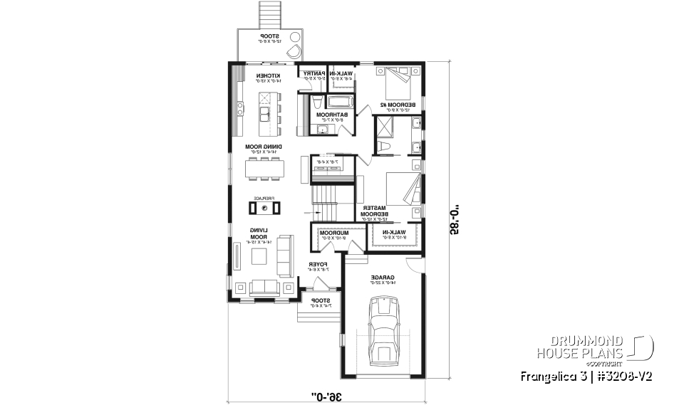 1st level - Craftsman house plan, master suite, 2 bedroom, huge kitchen, mud room, fireplace small farmhouse with garage - Frangelica 3