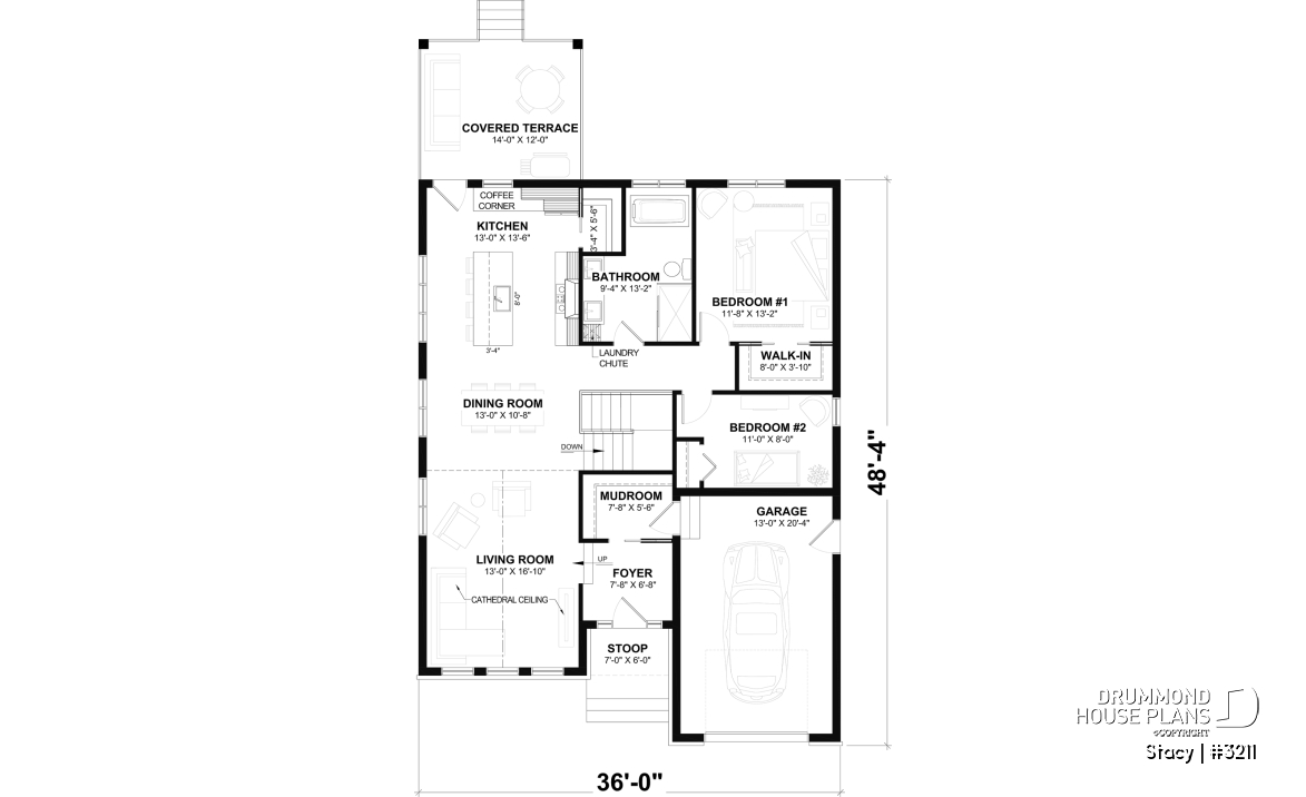1st level - Single-Story House Plan with Garage, 2 bedrooms on main floor, optional finished basement - Stacy