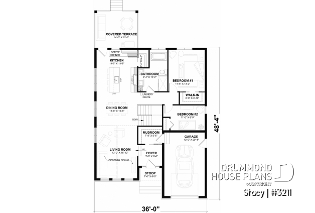 1st level - Single-Story Country House Plan with Single Garage, Cathedral Ceiling and Bright Open Living - Stacy