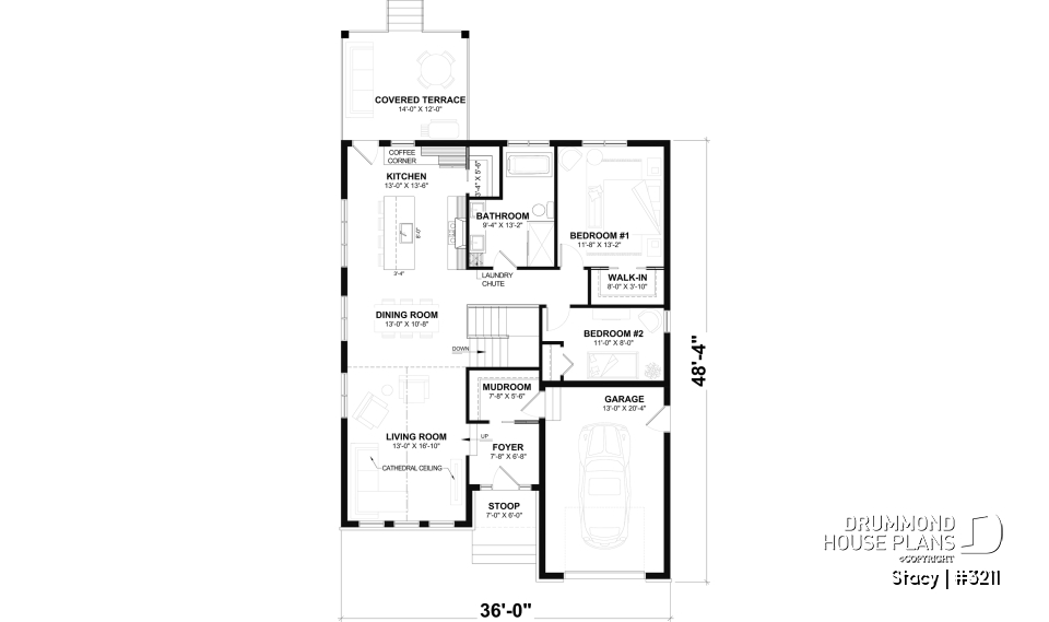 1st level - Single-Story Country House Plan with Single Garage, Cathedral Ceiling and Bright Open Living - Stacy