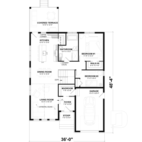 1st level - Single-Story Country House Plan with Single Garage, Cathedral Ceiling and Bright Open Living - Stacy