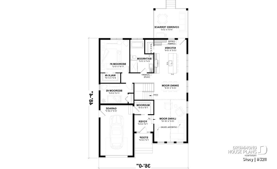 1st level - Single-Story House Plan with Garage, 2 bedrooms on main floor, optional finished basement - Stacy